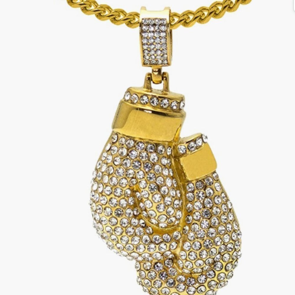 Mens 18K Gold Stainless Steel Boxing Gloves Pendant Iced Out Necklace